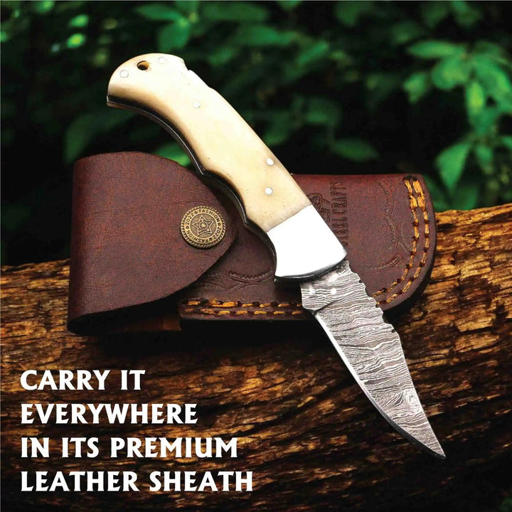 Handmade Damascus Steel Folding Knife – Camel Bone Handle (5 Handle Options) handmade Back Lock Folder by JW SteelCrafts