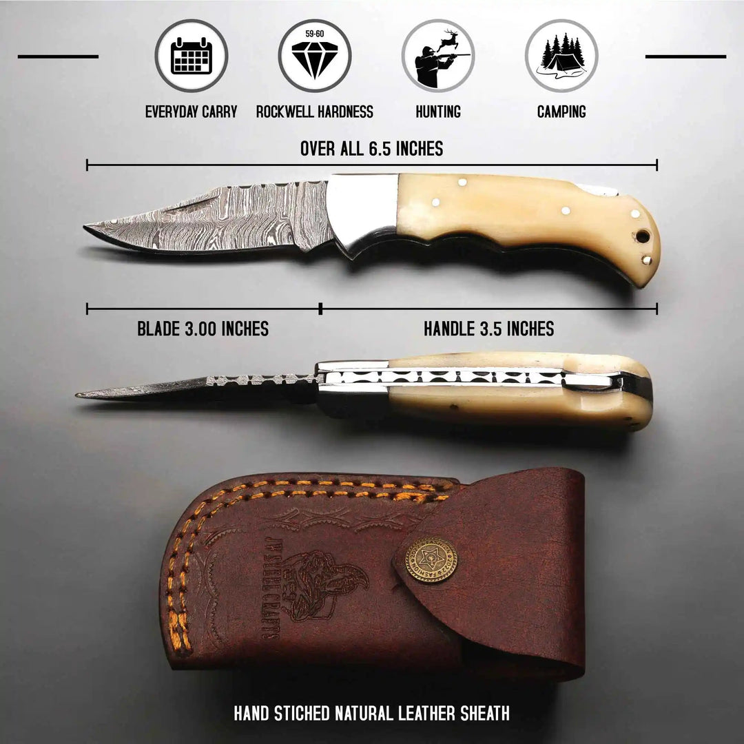 Handmade Damascus Steel Folding Knife – Camel Bone Handle (5 Handle Options) handmade Back Lock Folder by JW SteelCrafts