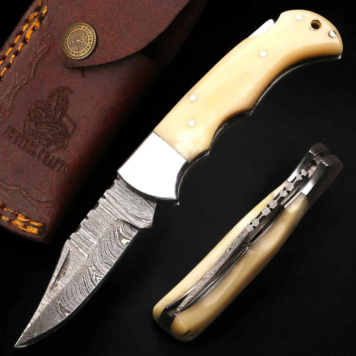 Handmade Damascus Steel Folding Knife – Camel Bone Handle (5 Handle Options) handmade Back Lock Folder by JW SteelCrafts