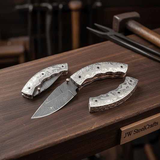 Handmade Damascus Steel Folding Knife – Engraved Brass Handle EDC Pocket Knife with Leather Sheath handmade Folding Knives by JW SteelCrafts