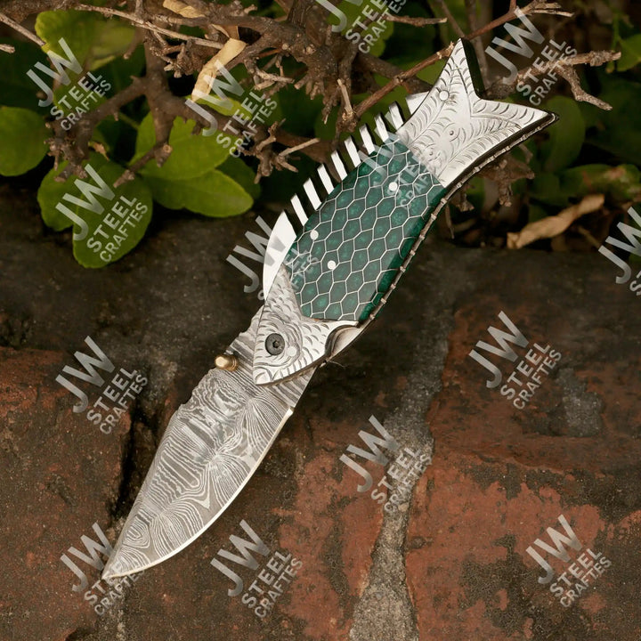 Handmade Damascus Steel Folding Knife – Green Honeycomb Handle handmade Liner Lock Folder by JW SteelCrafts