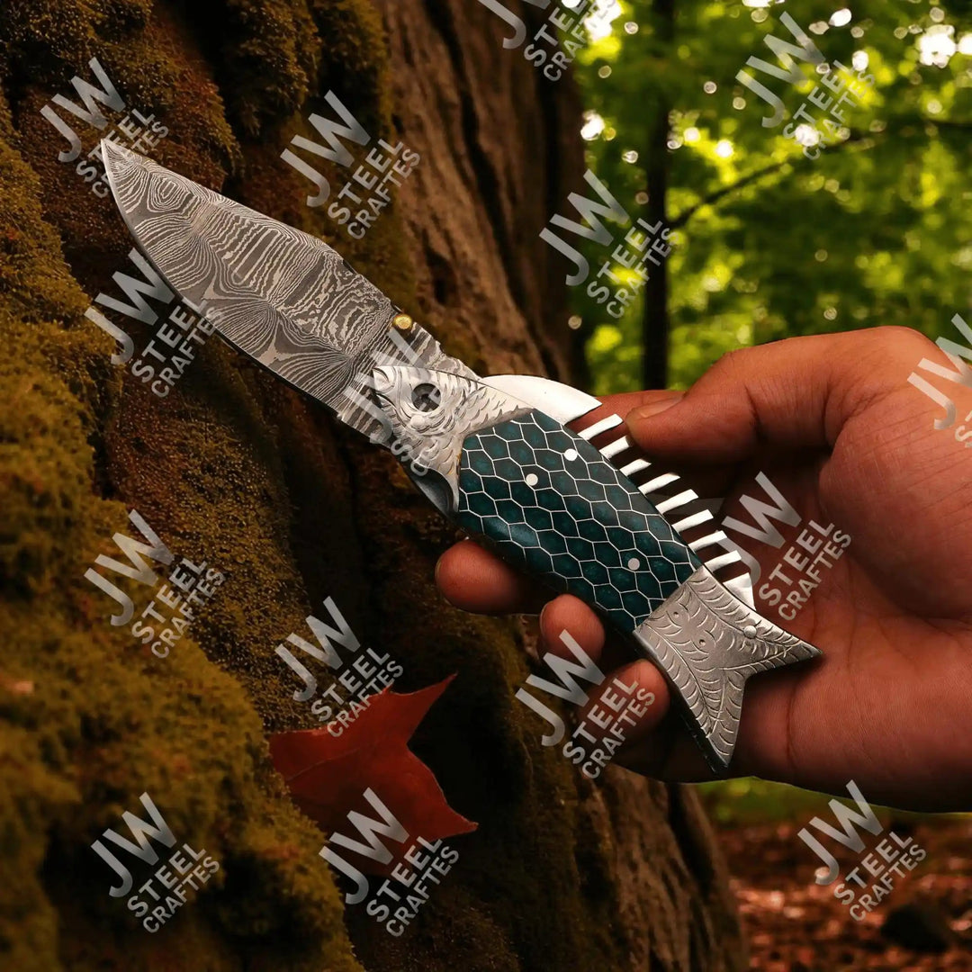 Handmade Damascus Steel Folding Knife – Green Honeycomb Handle handmade Liner Lock Folder by JW SteelCrafts