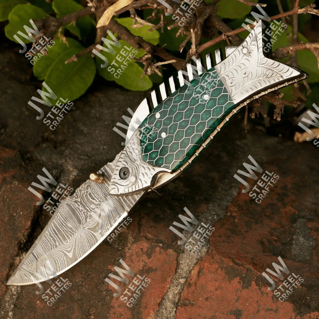 Handmade Damascus Steel Folding Knife – Green Honeycomb Handle handmade Liner Lock Folder by JW SteelCrafts