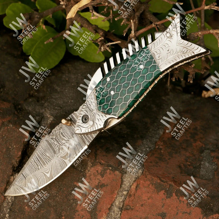 Handmade Damascus Steel Folding Knife – Green Honeycomb Handle handmade Liner Lock Folder by JW SteelCrafts