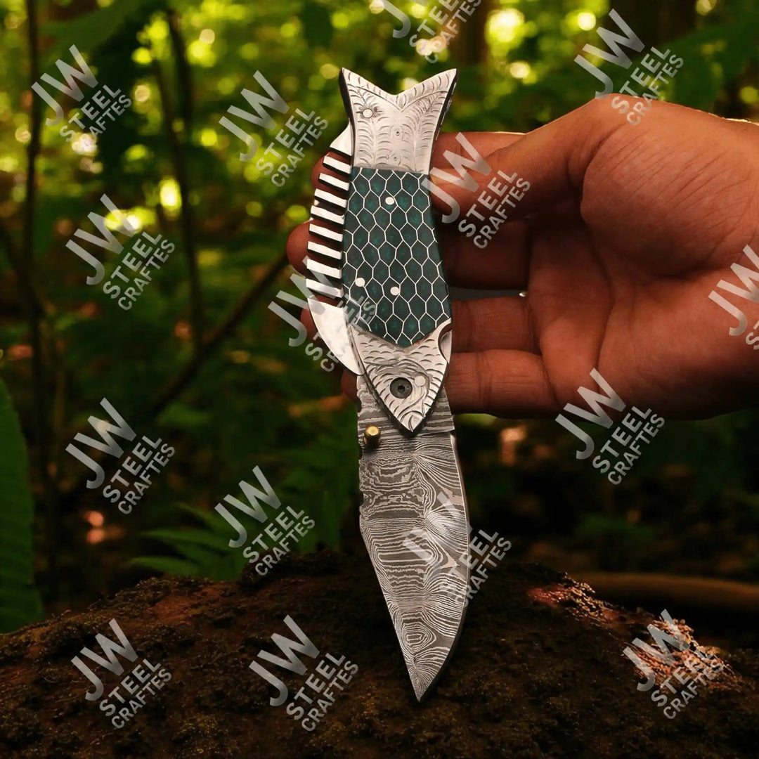 Handmade Damascus Steel Folding Knife – Green Honeycomb Handle handmade Liner Lock Folder by JW SteelCrafts