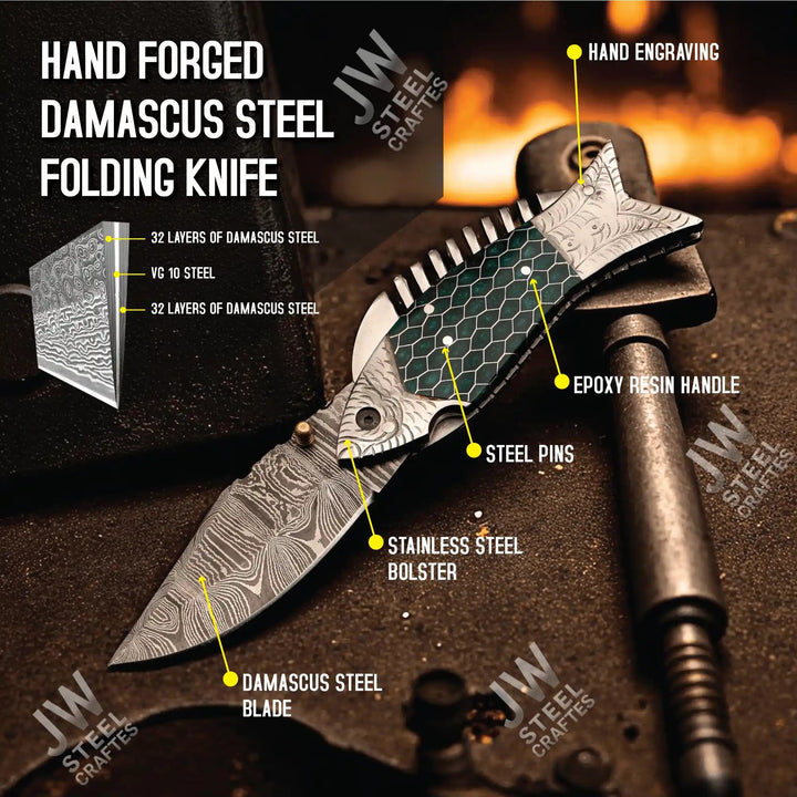 Handmade Damascus Steel Folding Knife – Green Honeycomb Handle handmade Liner Lock Folder by JW SteelCrafts
