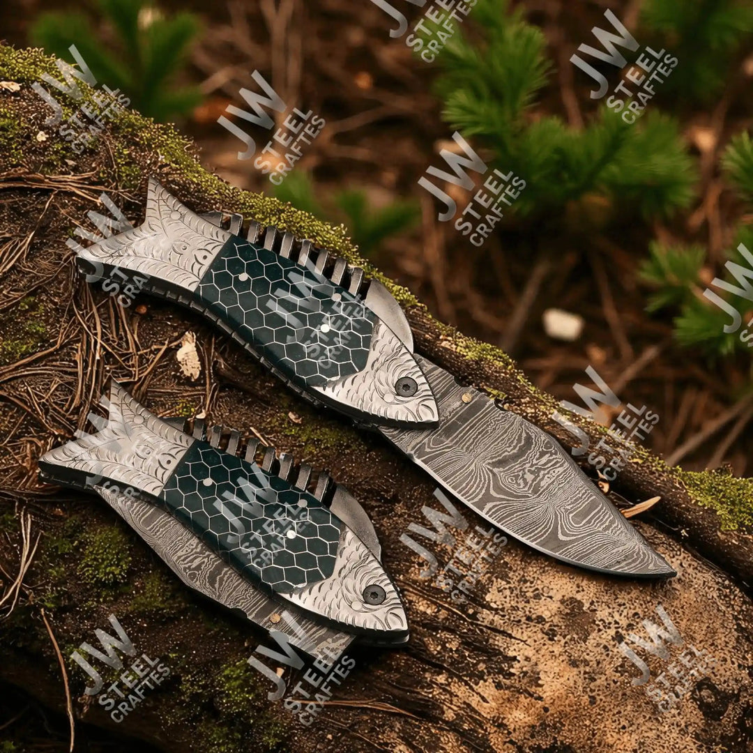 Handmade Damascus Steel Folding Knife – Green Honeycomb Handle handmade Liner Lock Folder by JW SteelCrafts