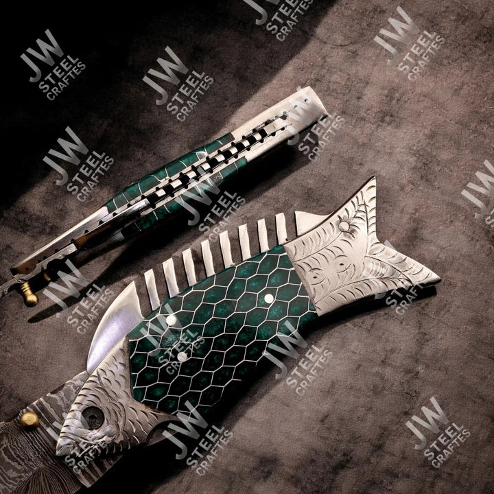 Handmade Damascus Steel Folding Knife – Green Honeycomb Handle handmade Liner Lock Folder by JW SteelCrafts