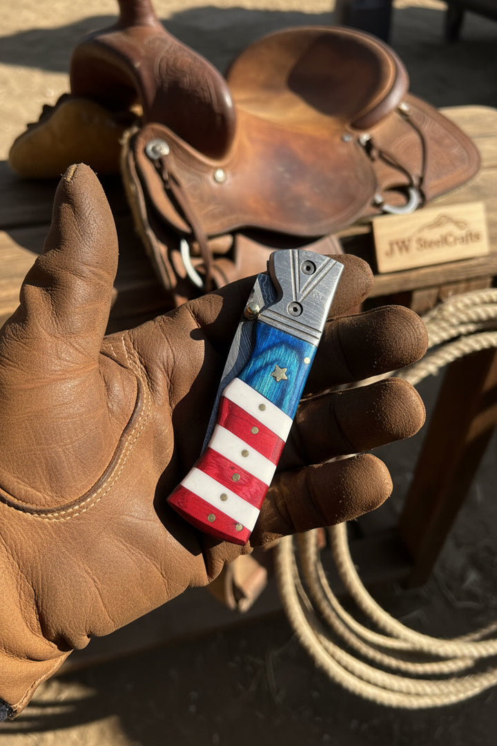 Premium Handmade Damascus Steel Folding Knife With Custom Handle And Genuine Leather Sheath