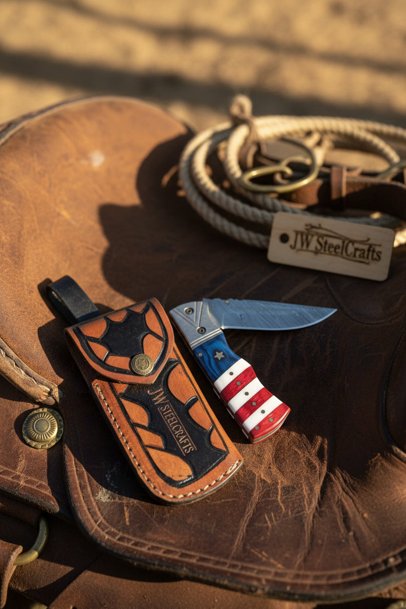 Handmade Damascus Steel Folding Knife With Unique Flag Pattern Handle Displayed On Rustic Surface