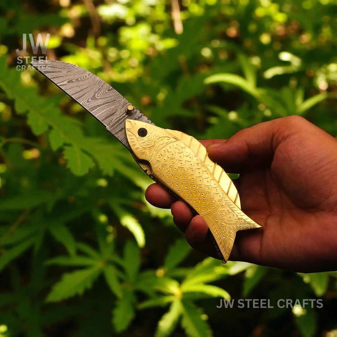 Handmade Damascus Steel Folding Knife with Engraved Brass Fish Handle handmade Liner Lock Folder by JW SteelCrafts