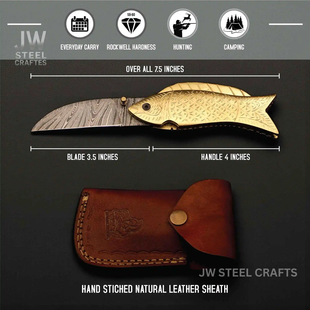 Handmade Damascus Steel Folding Knife with Engraved Brass Fish Handle handmade Liner Lock Folder by JW SteelCrafts