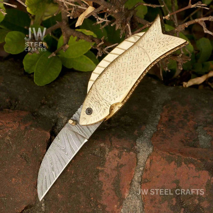 Handmade Damascus Steel Folding Knife with Engraved Brass Fish Handle handmade Liner Lock Folder by JW SteelCrafts