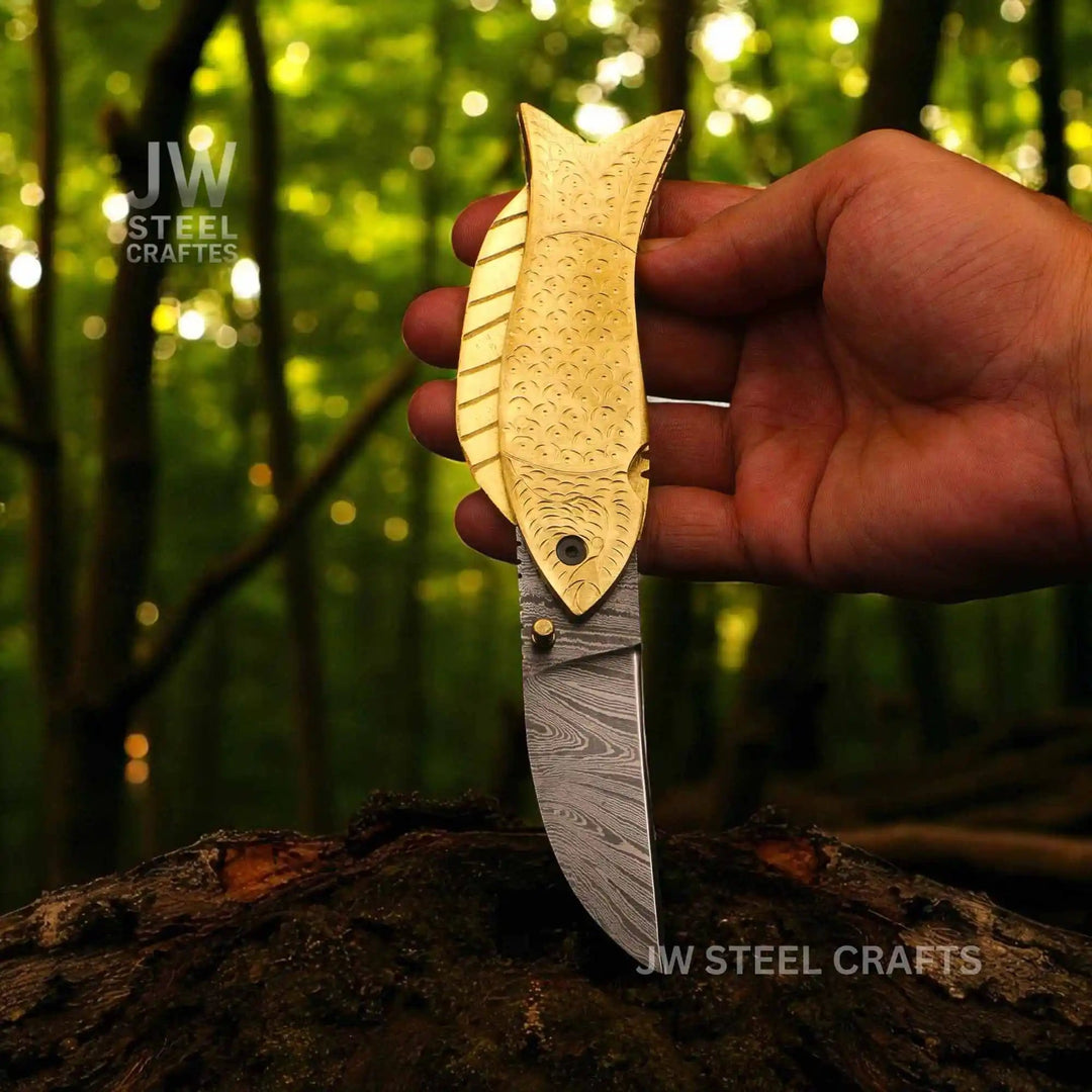 Handmade Damascus Steel Folding Knife with Engraved Brass Fish Handle handmade Liner Lock Folder by JW SteelCrafts