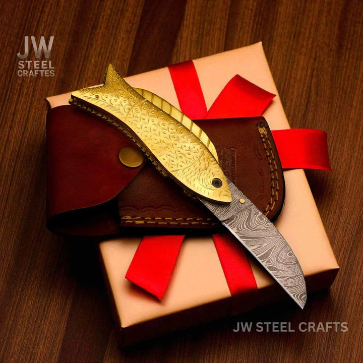 Handmade Damascus Steel Folding Knife with Engraved Brass Fish Handle handmade Liner Lock Folder by JW SteelCrafts