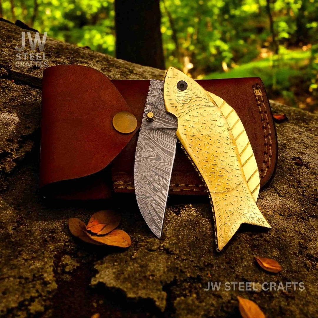 Handmade Damascus Steel Folding Knife with Engraved Brass Fish Handle handmade Liner Lock Folder by JW SteelCrafts