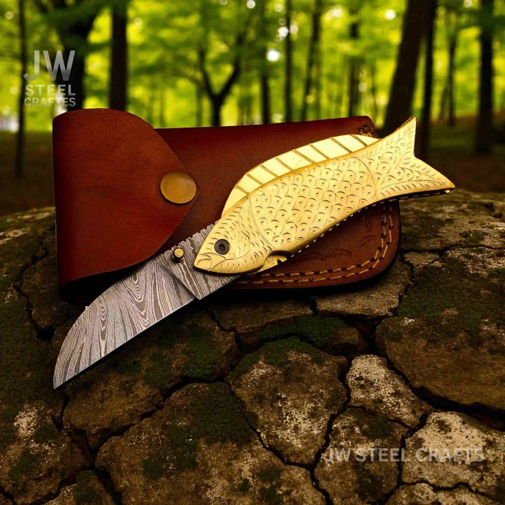 Handmade Damascus Steel Folding Knife with Engraved Brass Fish Handle handmade Liner Lock Folder by JW SteelCrafts