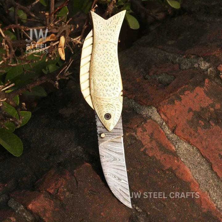 Handmade Damascus Steel Folding Knife with Engraved Brass Fish Handle handmade Liner Lock Folder by JW SteelCrafts