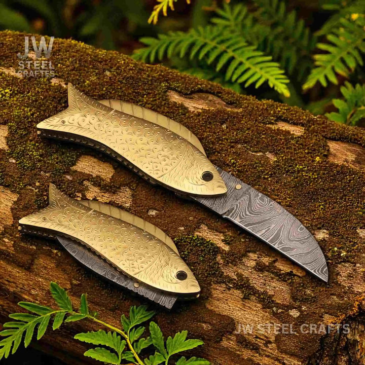Handmade Damascus Steel Folding Knife with Engraved Brass Fish Handle handmade Liner Lock Folder by JW SteelCrafts