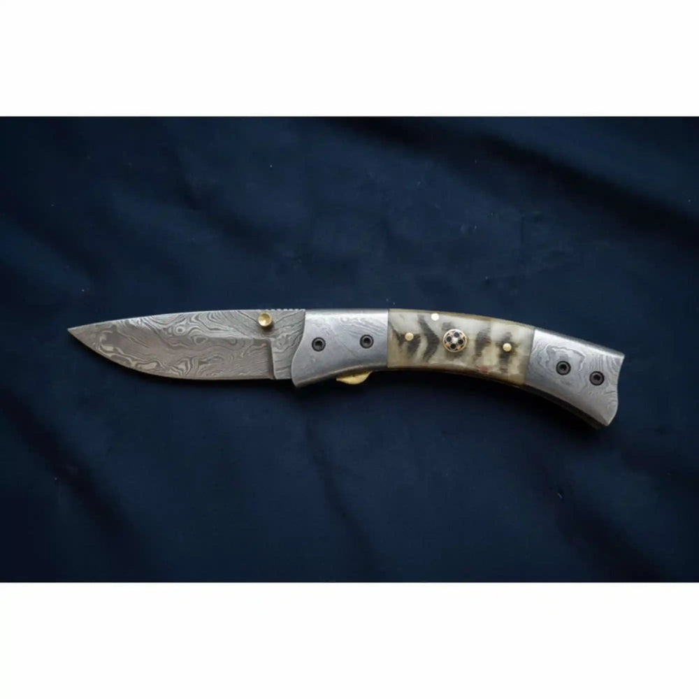 Handmade Damascus Steel Folding Knife with Natural Bone Handle – Custom Pocket Knife handmade Liner Lock Folder by JW SteelCrafts