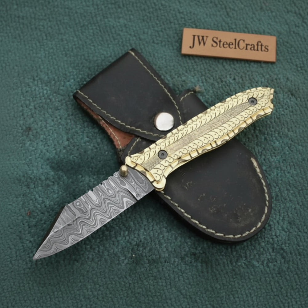 Handmade Damascus Steel Folding Knife with Olive Wood Handle – Brass Liner Pocket Knife handmade Liner Lock Folder by JW SteelCrafts