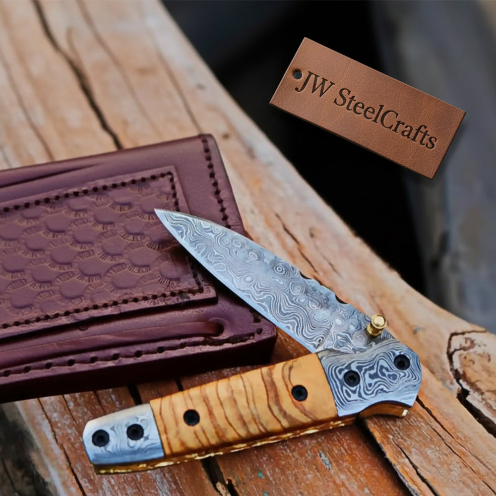 Handmade Damascus Steel Folding Knife with Olive Wood Handle – Pocket Knife for Everyday Carry & Gift handmade Liner Lock Folder by JW SteelCrafts