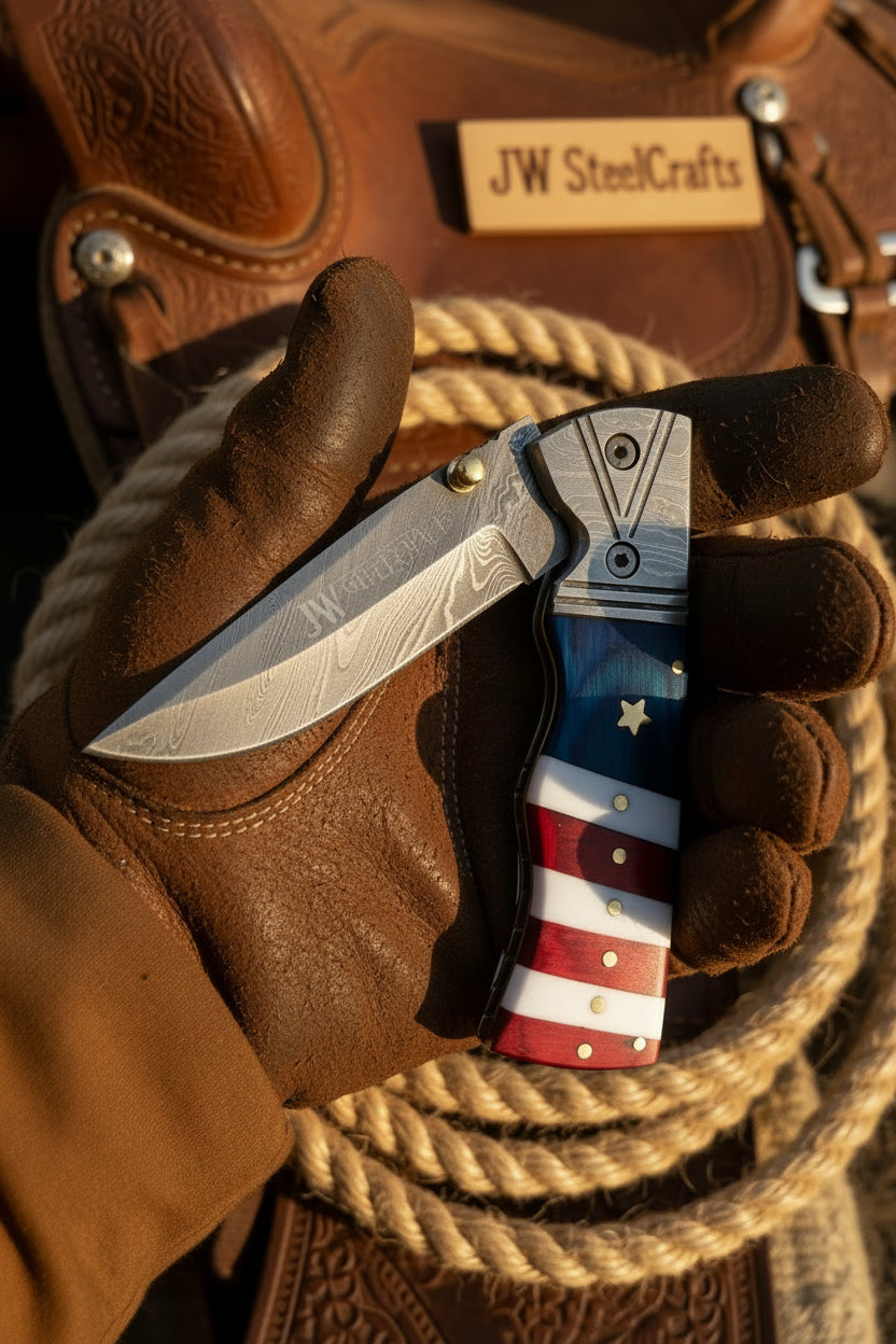 Custom Handmade Damascus Steel Folding Knife Featuring Patriotic Handle Design And Leather Knife Pouch