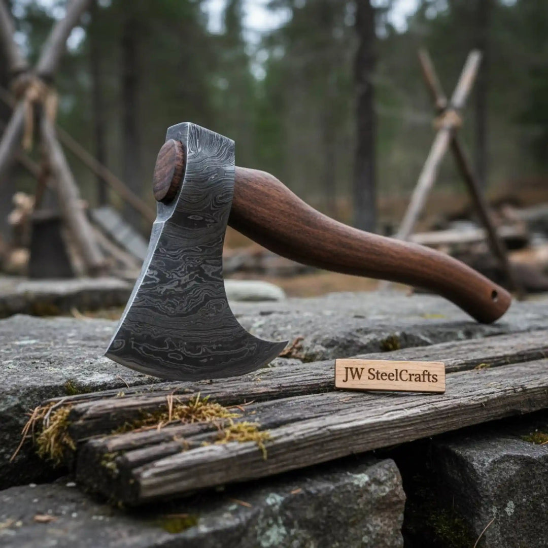 Handmade Damascus Steel Tomahawk Axe – Hand Forged Bearded Hatchet with Curved Hardwood Handle for Camping and Bushcraft | JW SteelCrafts handmade Handmade Axe by JW SteelCrafts