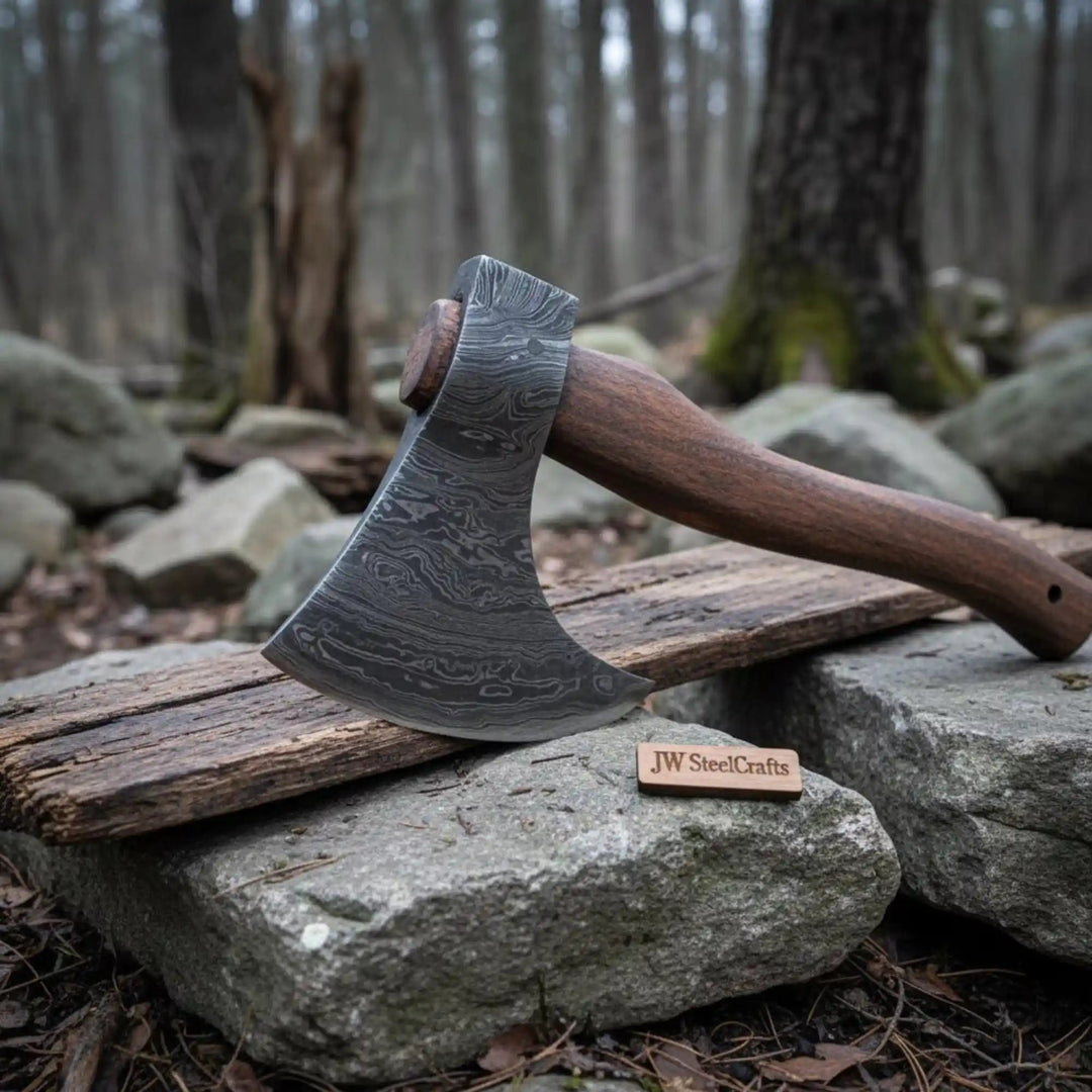 Handmade Damascus Steel Tomahawk Axe – Hand Forged Bearded Hatchet with Curved Hardwood Handle for Camping and Bushcraft | JW SteelCrafts handmade Handmade Axe by JW SteelCrafts