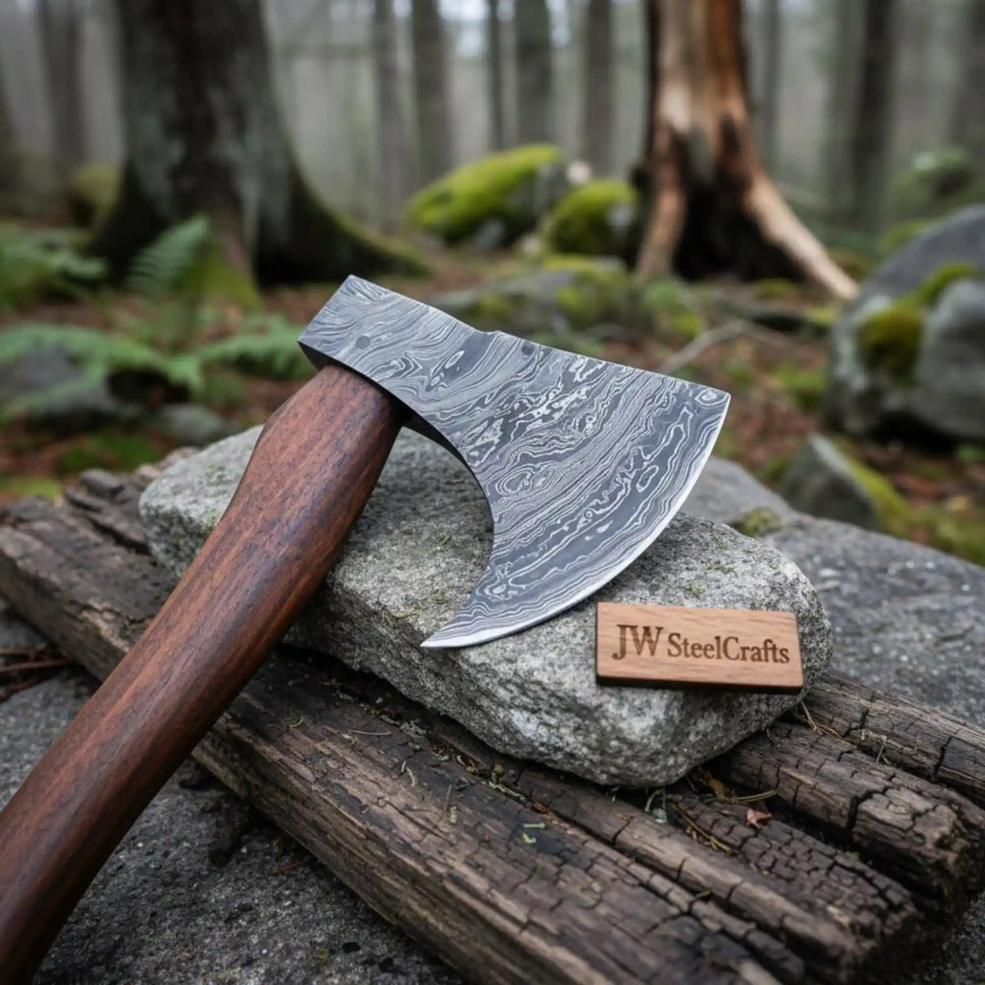Handmade Damascus Steel Tomahawk Axe – Hand Forged Bearded Hatchet with Curved Hardwood Handle for Camping and Bushcraft | JW SteelCrafts handmade Handmade Axe by JW SteelCrafts