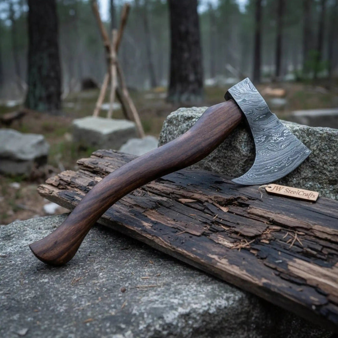 Handmade Damascus Steel Tomahawk Axe – Hand Forged Bearded Hatchet with Curved Hardwood Handle for Camping and Bushcraft | JW SteelCrafts handmade Handmade Axe by JW SteelCrafts