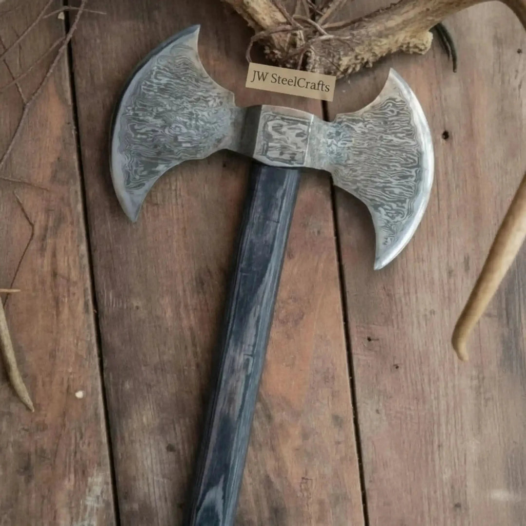 Handmade Damascus Steel Viking Double Headed Axe Decorative Axe With A Wooden Handle On A Rustic Wooden Surface
