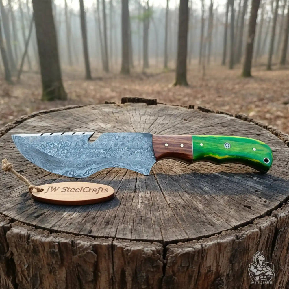 Handmade Damascus Tracker Knife 10 Inch with Green Pakka Wood and Rosewood Handle handmade Handmade Tracker Knives by JW SteelCrafts