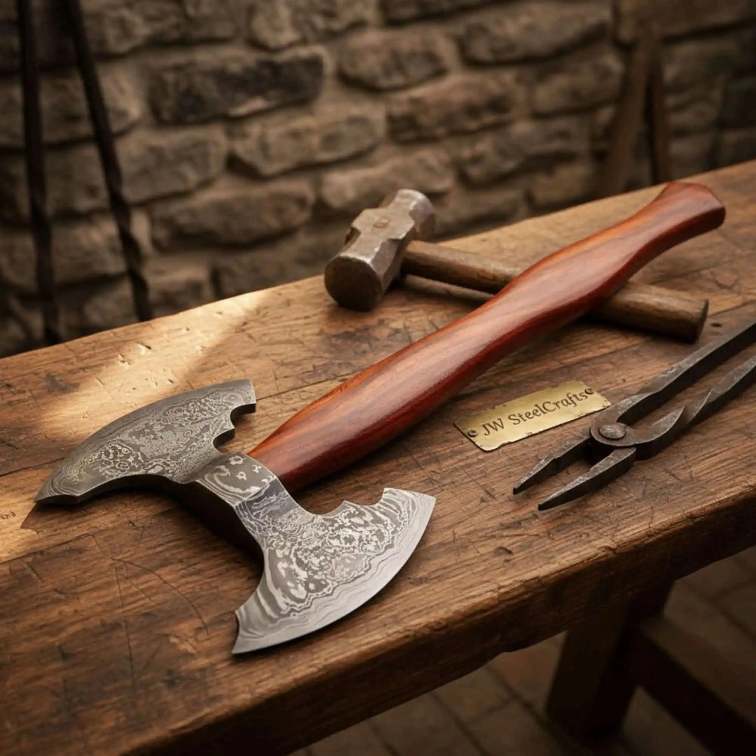     Decorative Damascus battle hatchet with dual curved blades and rich wooden handle displayed in artisan workspace.