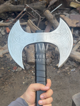 Load image into Gallery viewer, Custom engraved Viking battle axe with double-headed blade, leather sheath, and solid wooden handle – perfect for collectors and gifting.