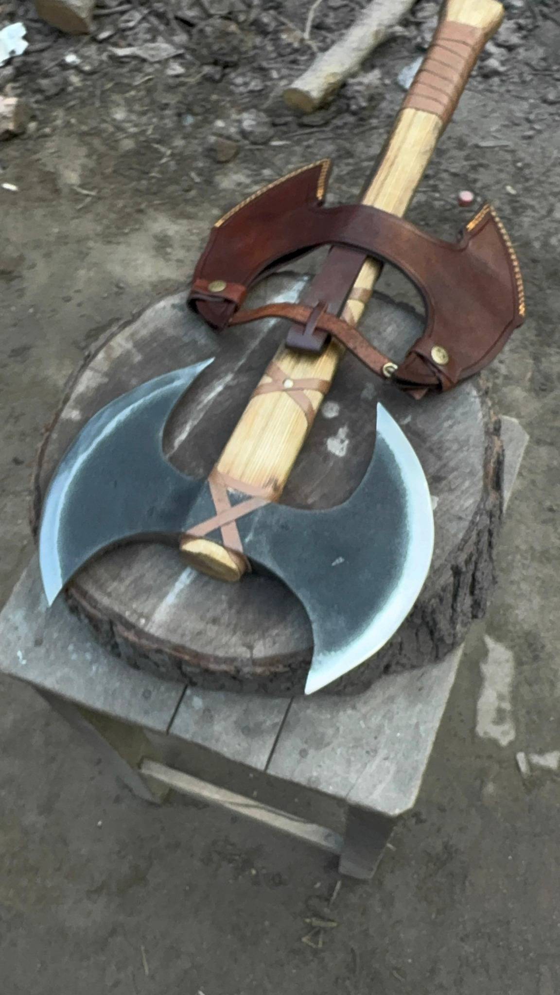 Personalized Axe Double-Headed Viking Battle Axe – Ash Wood Handle & High Carbon Steel Blades Groomsmen Gift, Husband's Gift, Wedding Gift,