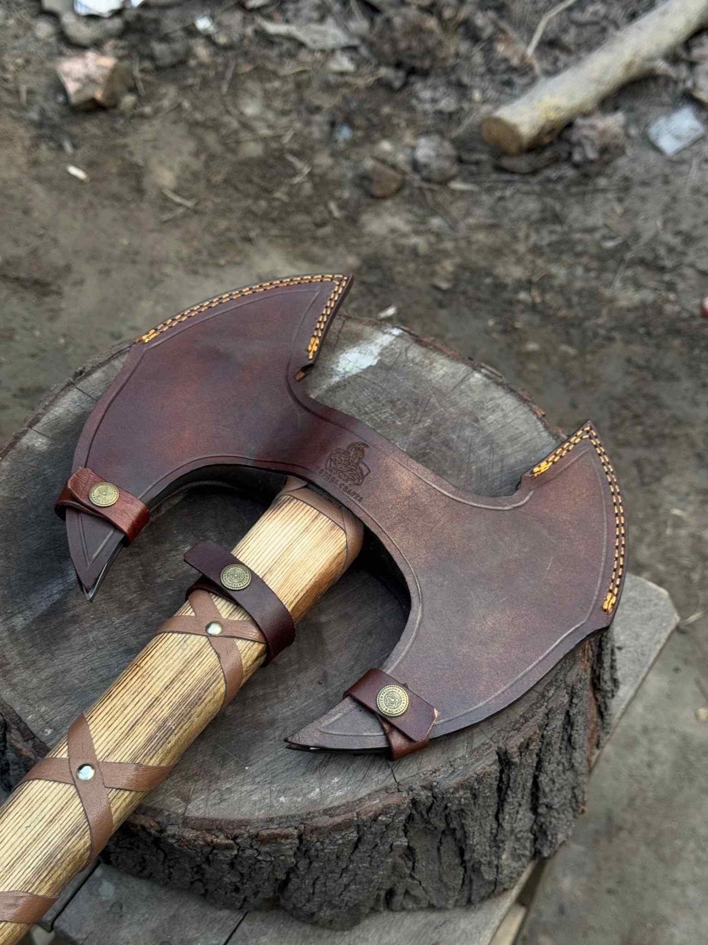 Personalized Axe Double-Headed Viking Battle Axe – Ash Wood Handle & High Carbon Steel Blades Groomsmen Gift, Husband's Gift, Wedding Gift,