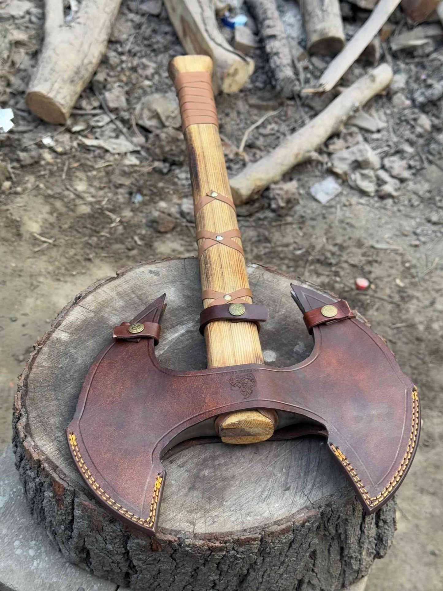 Personalized Axe Double-Headed Viking Battle Axe – Ash Wood Handle & High Carbon Steel Blades Groomsmen Gift, Husband's Gift, Wedding Gift,