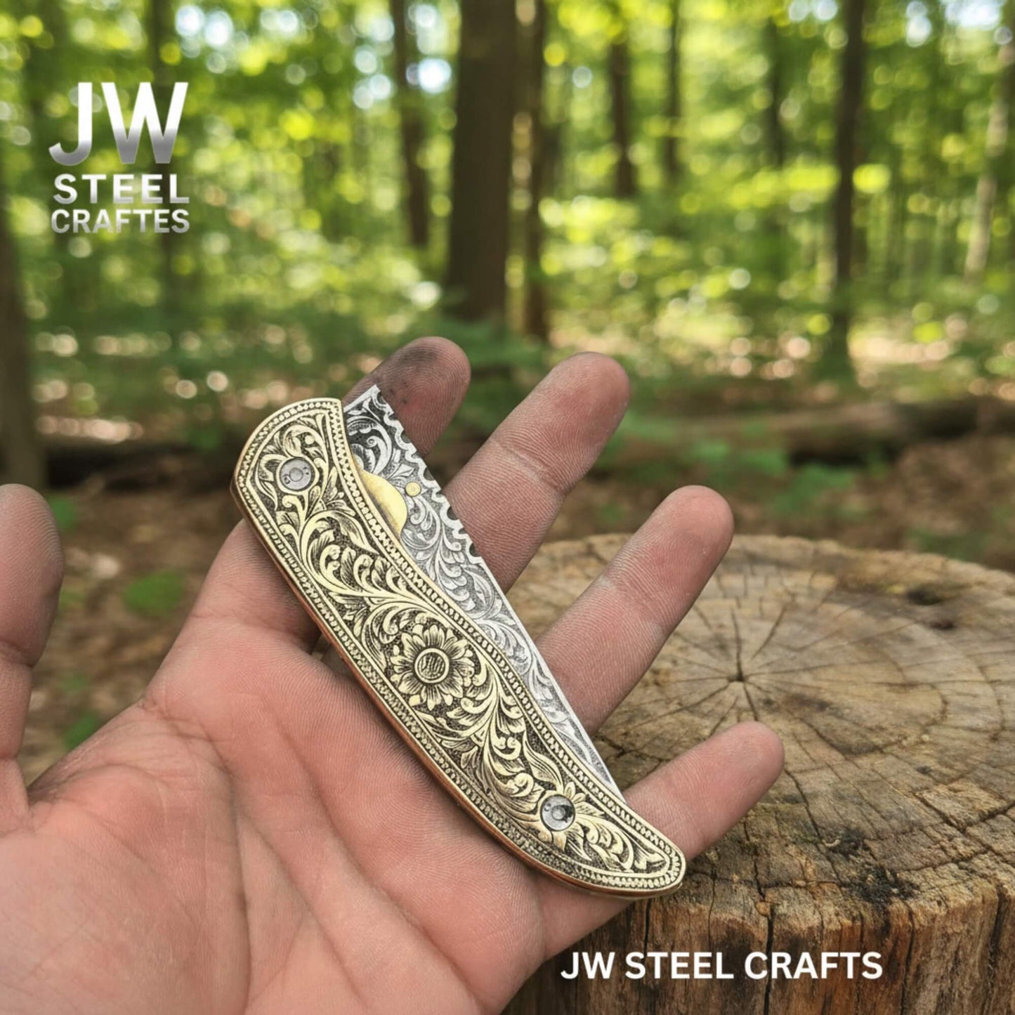 Handmade Engraved Damascus Folding Knife – Brass Handle EDC Pocket Knife handmade Folding Knife by JW SteelCrafts