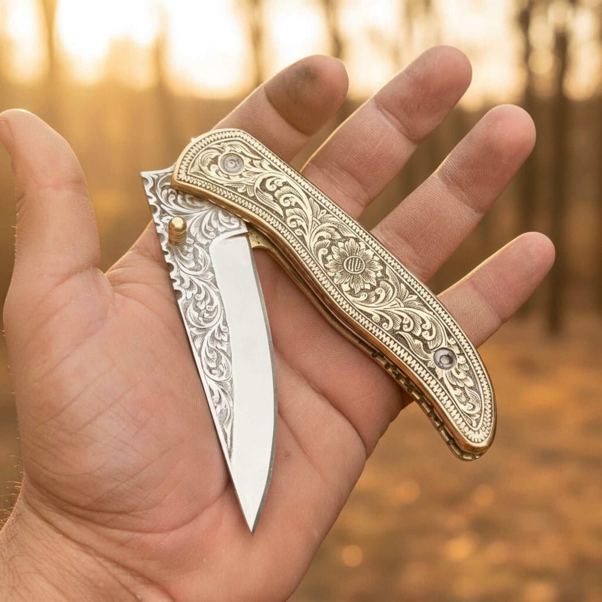 Handmade Engraved Damascus Folding Knife – Brass Handle EDC Pocket Knife handmade Folding Knife by JW SteelCrafts
