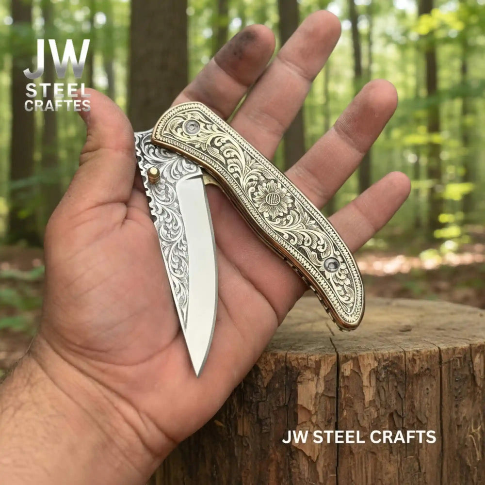 Handmade Engraved Damascus Folding Knife – Brass Handle EDC Pocket Knife handmade Liner Lock Folder by JW SteelCrafts