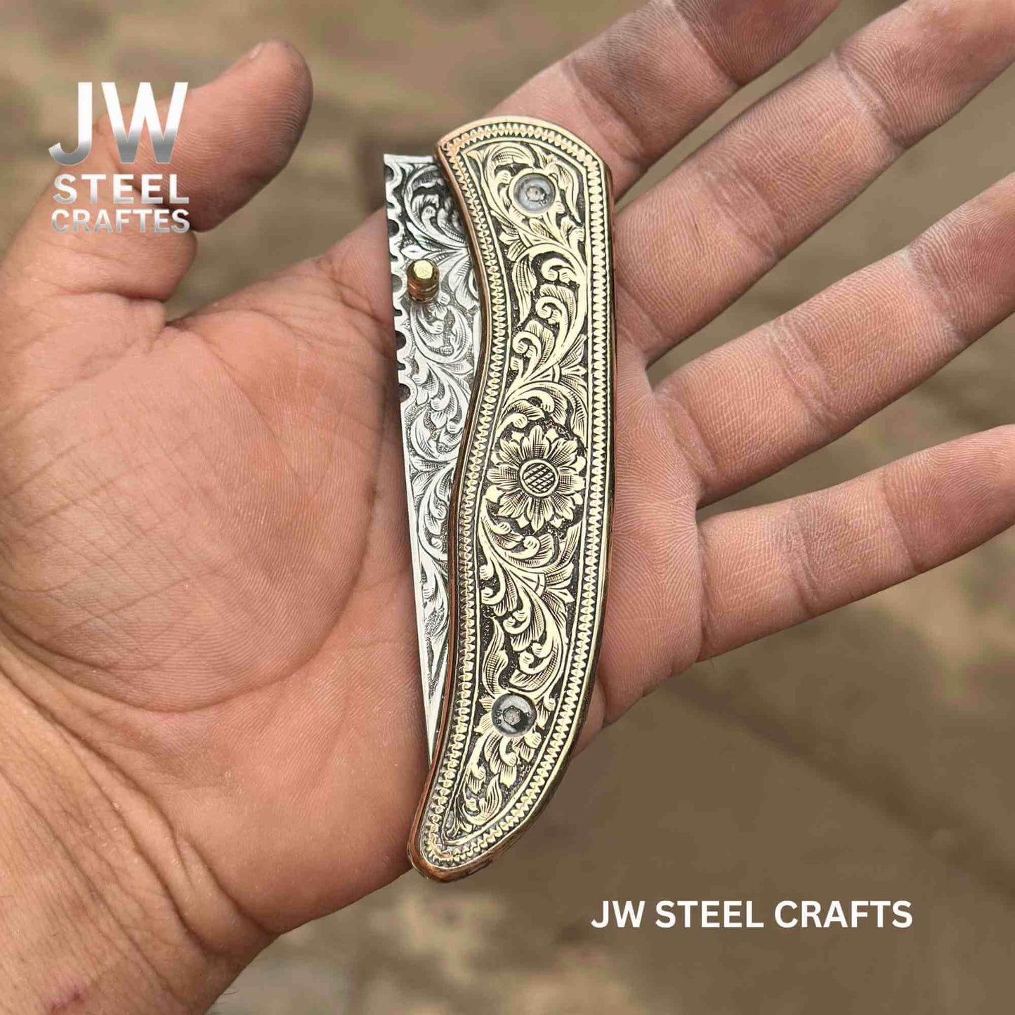 Handmade Engraved Damascus Folding Knife – Brass Handle EDC Pocket Knife handmade Folding Knife by JW SteelCrafts