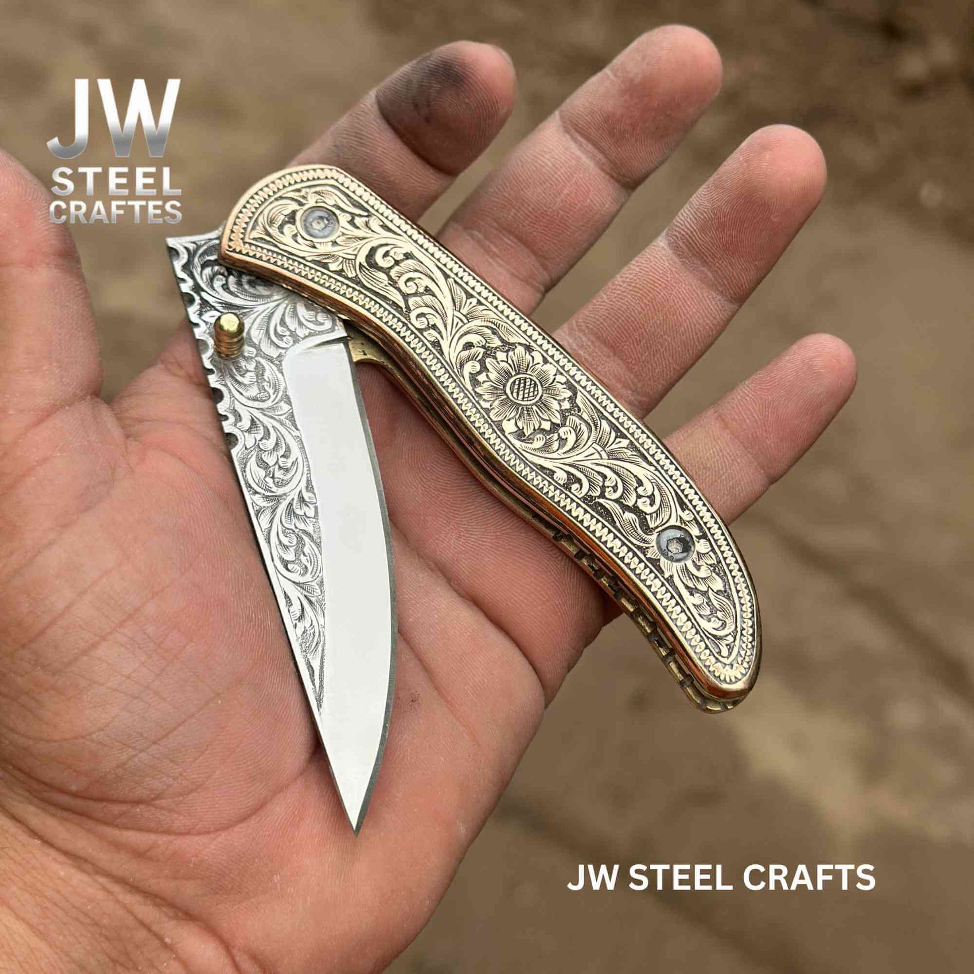 Handmade Engraved Damascus Folding Knife – Brass Handle EDC Pocket Knife handmade Folding Knife by JW SteelCrafts