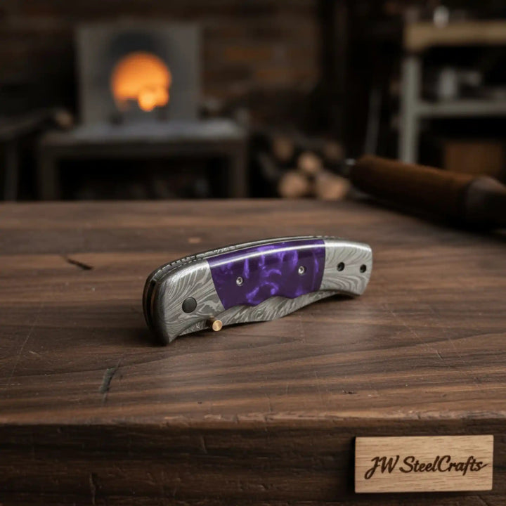 Handmade Feather Pattern Damascus Folding Knife with Purple Resin Handle &amp; Leather Sheath handmade Liner Lock Folder by JW SteelCrafts