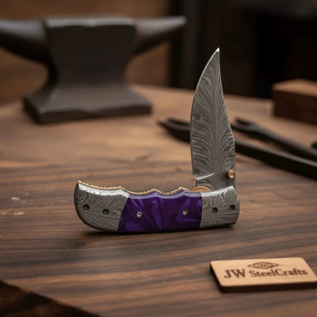 Handmade Feather Pattern Damascus Folding Knife with Purple Resin Handle &amp; Leather Sheath handmade Liner Lock Folder by JW SteelCrafts