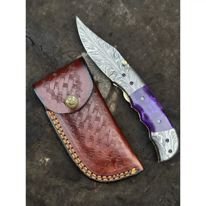 Handmade Feather Pattern Damascus Folding Knife with Purple Resin Handle &amp; Leather Sheath handmade Liner Lock Folder by JW SteelCrafts