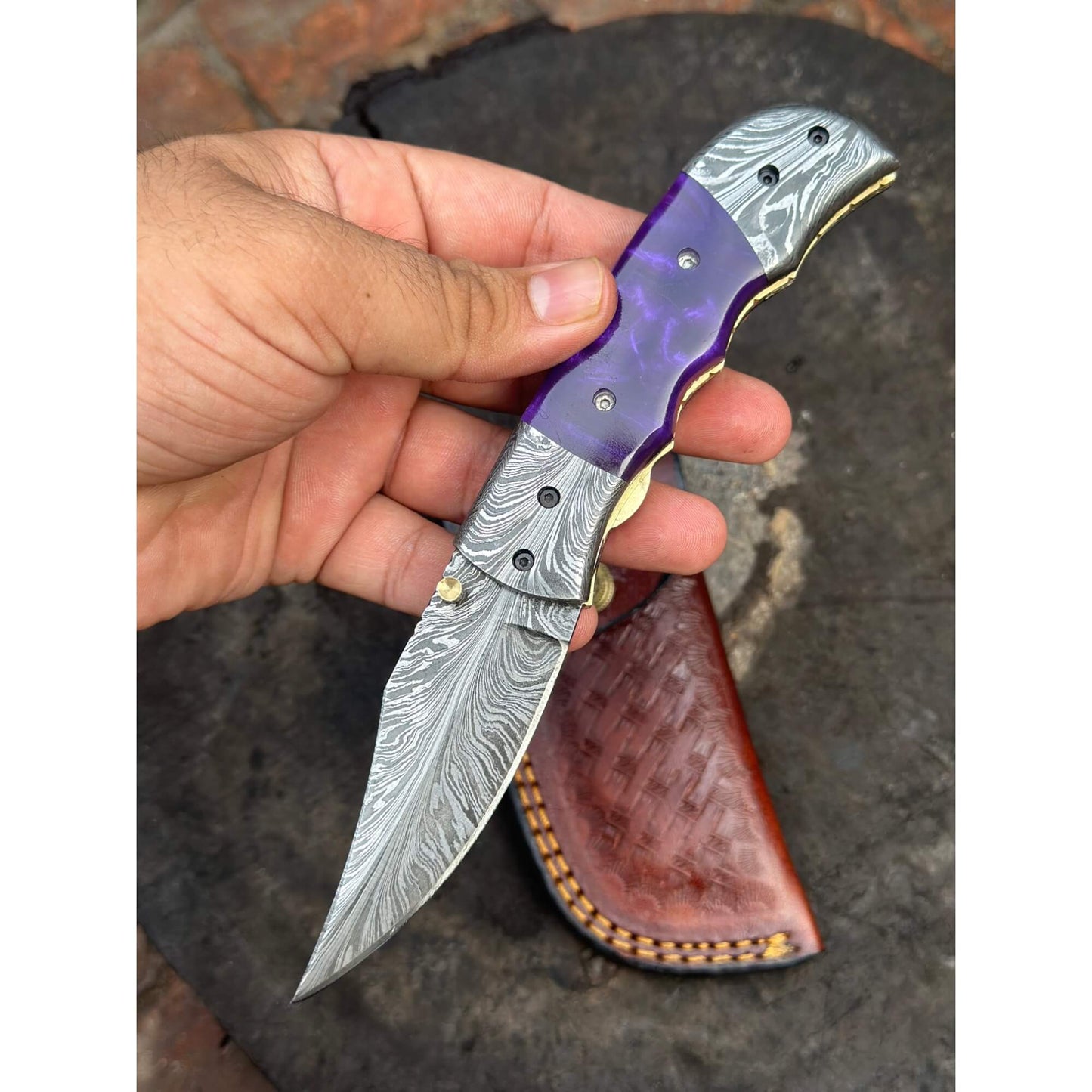 Handmade Feather Pattern Damascus Folding Knife with Purple Resin Handle & Leather Sheath handmade Folding Knives by JW SteelCrafts