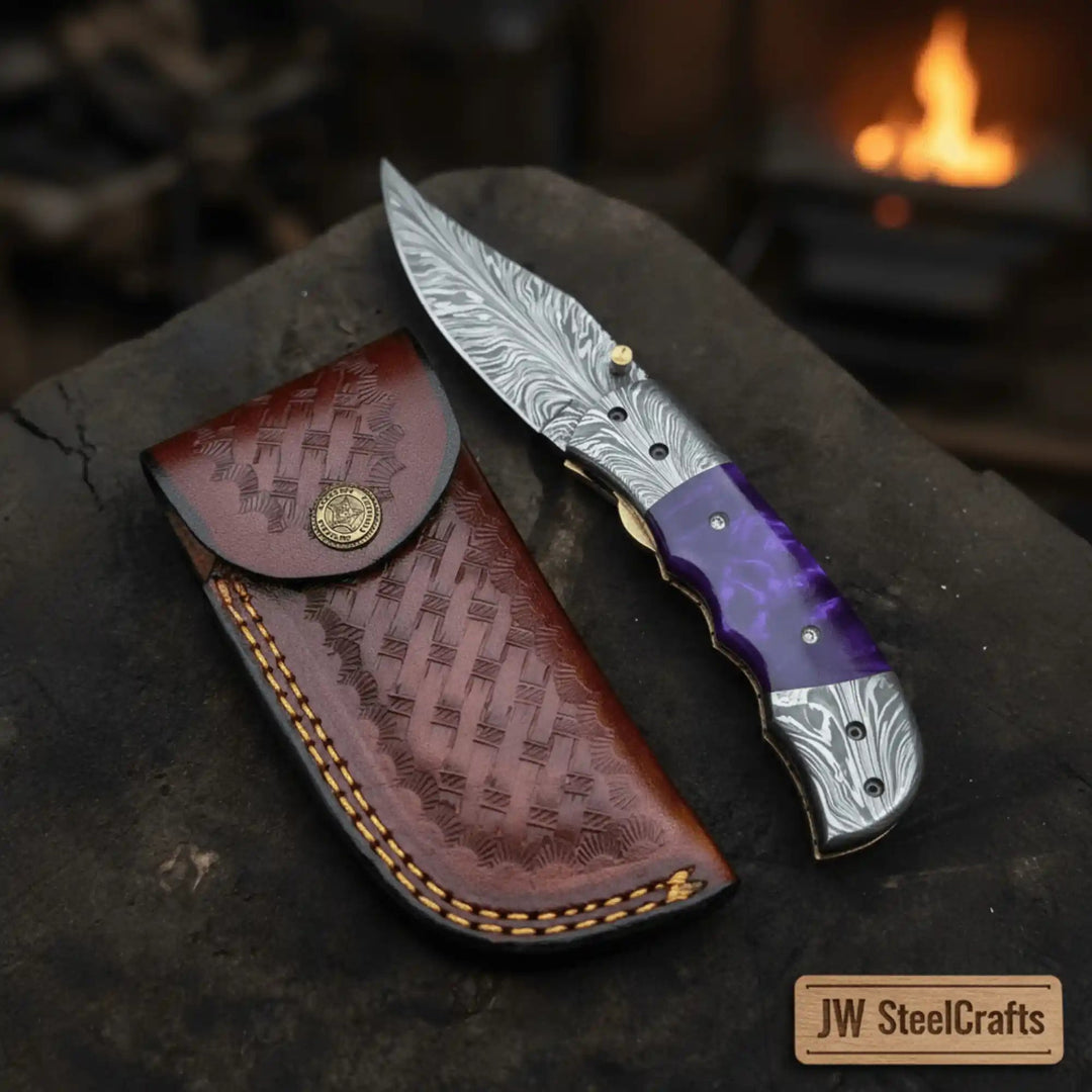 Handmade Feather Pattern Damascus Folding Knife with Purple Resin Handle &amp; Leather Sheath handmade Liner Lock Folder by JW SteelCrafts