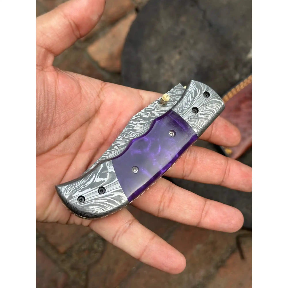 Handmade Feather Pattern Damascus Folding Knife with Purple Resin Handle & Leather Sheath handmade Liner Lock Folder by JW SteelCrafts