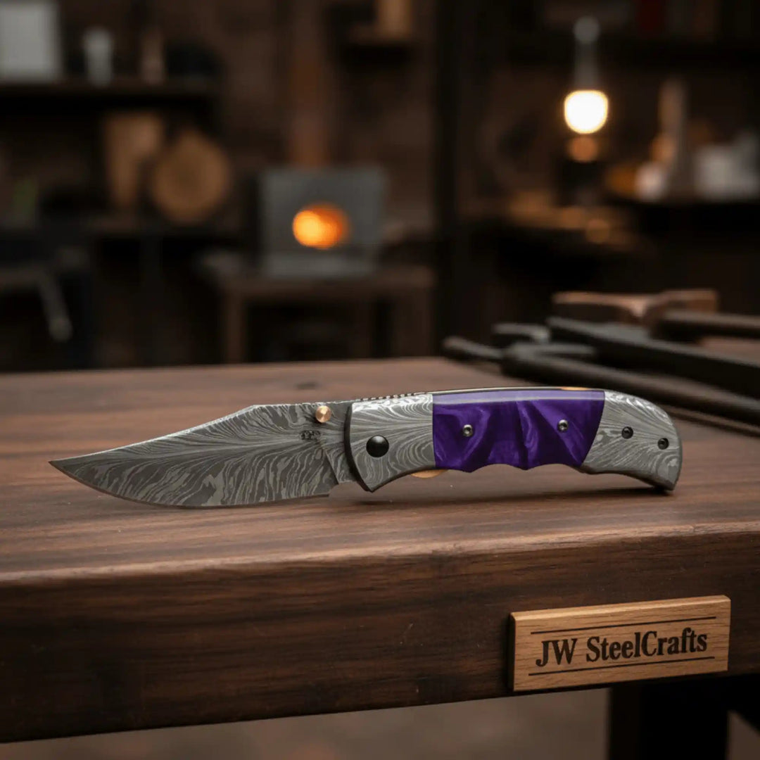 Handmade Feather Pattern Damascus Folding Knife with Purple Resin Handle &amp; Leather Sheath handmade Liner Lock Folder by JW SteelCrafts